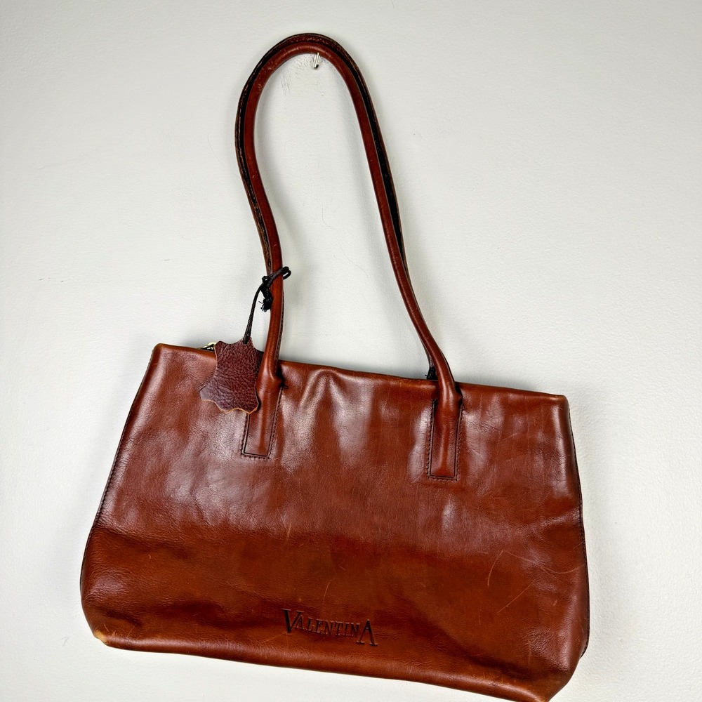 Valentina Shoulder Bag Womens Brown Genuine Leather Embossed Logo Career Tote